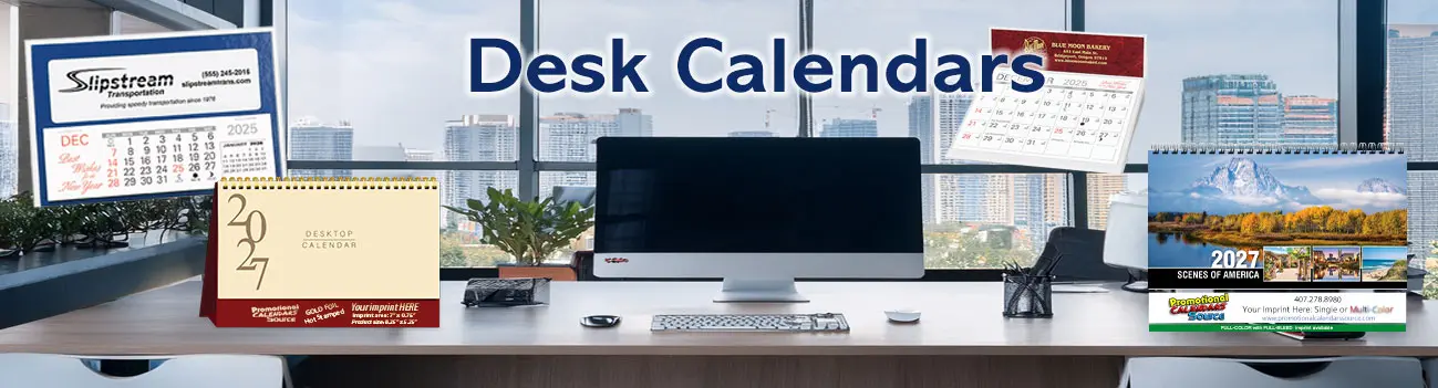Desk Calendars for business use, featuring four styles on an office desk with an outside view