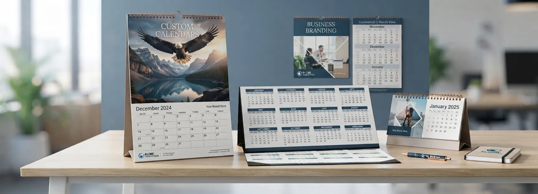 Display of custom promotional calendars including wall calendars, desk pads, and multi-month business planners on a desk
