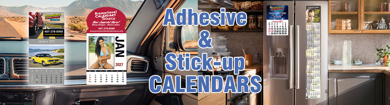 Assorted adhesive and stick‑up calendars placed on a pickup truck dashboard and a kitchen refrigerator