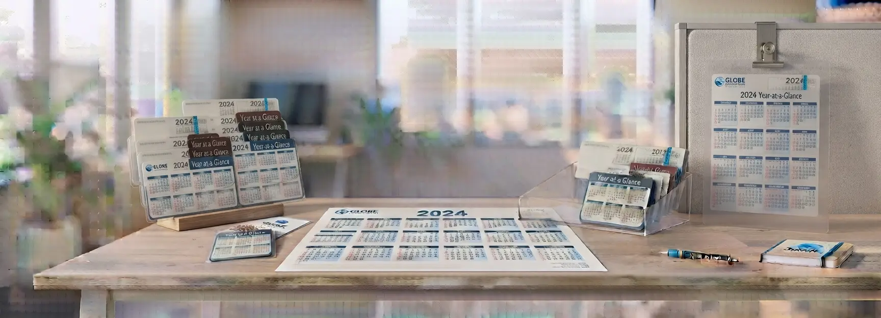 Custom plastic calendars displayed on a professional office desk and hanging on a cubicle wall