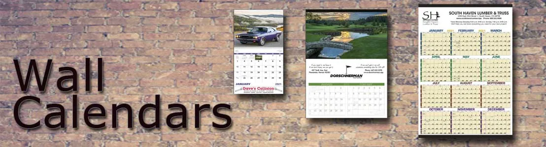 Promotional Wall Calendars – Three custom calendar styles on a brick wall background