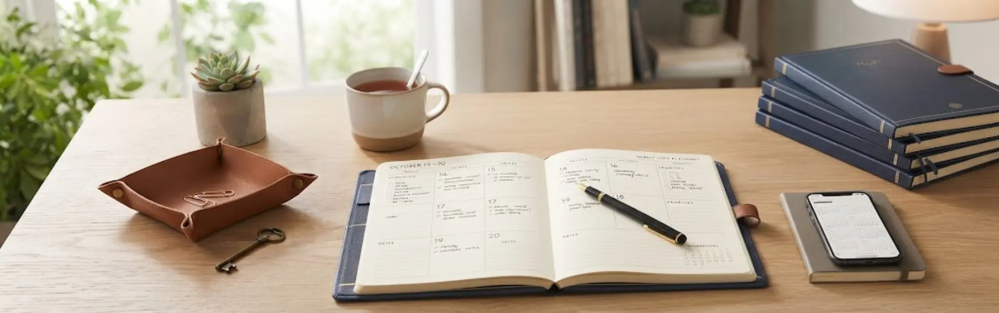 Desk planner open on a wooden office desk next to a coffee cup, leather tray, and stack of planners