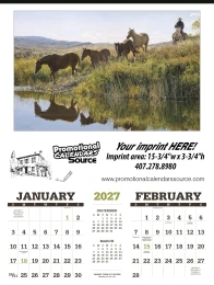 American West Calendar, Tim Cox Art; horses by a stream; scenic countryside imagery