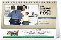 The Saturday Evening Post desk tent calendar featuring iconic Norman Rockwell illustrations and custom business logo imprint