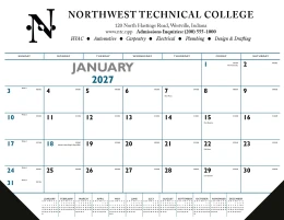Desk Pad Calendar with blue and black imprint, monthly view, features vinyl corners, January 2023 pa