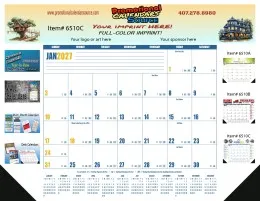 4-Color Desk Pad Calendar, January 2027 monthly grid, ads on sides, vibrant design.