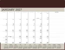 Desk Blotter Pad Calendar, 23"x17", with vinyl header; monthly view, beige and black tones.