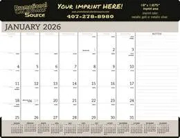 Desk Blotter Pad Calendar, 23"x17", with vinyl header; monthly view, beige and black tones.