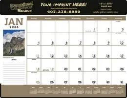 Scenic Desk Pad Calendar 23"x17", vinyl header, monthly view, Jan 2026, brown grid, scenic photo ...