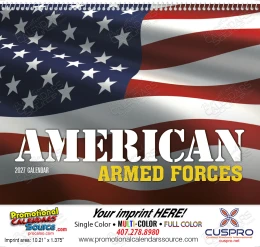 2027 American Armed Forces Calendar – Tribute to Military Service, Custom Printed, Spiral Binding promotional calendar – Patriotic Calendars – 2027