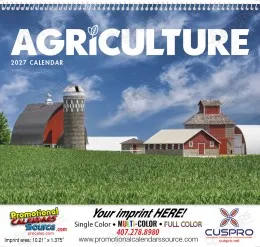 Agriculture Wall Calendar cover with colorful barn scene and spiral binding, 2027 edition.