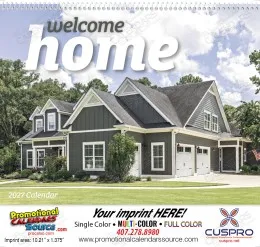 Welcome Home Real Estate Promotional Calendar cover, gray house, lush greenery, spiral-bound, ful...