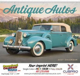 Antique Autos calendar cover with teal classic car and scenic mountain backdrop, 2027 edition, spira