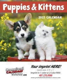Puppies & Kittens Calendar cover, cute puppy and kitten on yellow floral background, promotional spa