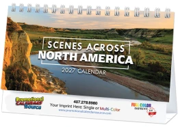 Scenes Across America desk tent calendar featuring vibrant landscape photography and custom company logo imprint area