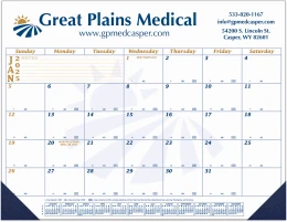 Personalized Desk Pad Calendar with blue and gold grid, monthly view, 22x17 size, branded top hea...