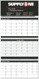 Custom three‑month wall calendar with logo header, recycled paper, and wire‑bound panels
