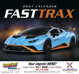 Fast Trax Cars Calendar cover, features blue and orange sports car, 2027, promotional calendar.