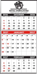 3-Months-In-View Multi-Sheets Calendar - 1-Color Imprint - Red & Black Grids w/Tinned Top 13.25x27 promotional calendar – 3 Month View (Quarterly) – 2027
