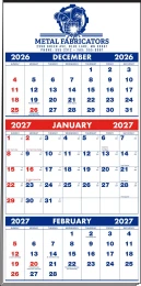 3-Months-In-View Multi-Sheets Calendar - 1-Color Imprint - Red & Blue Grids w/Tinned Top 13.25x27 promotional calendar – 3 Month View (Quarterly) – 2027