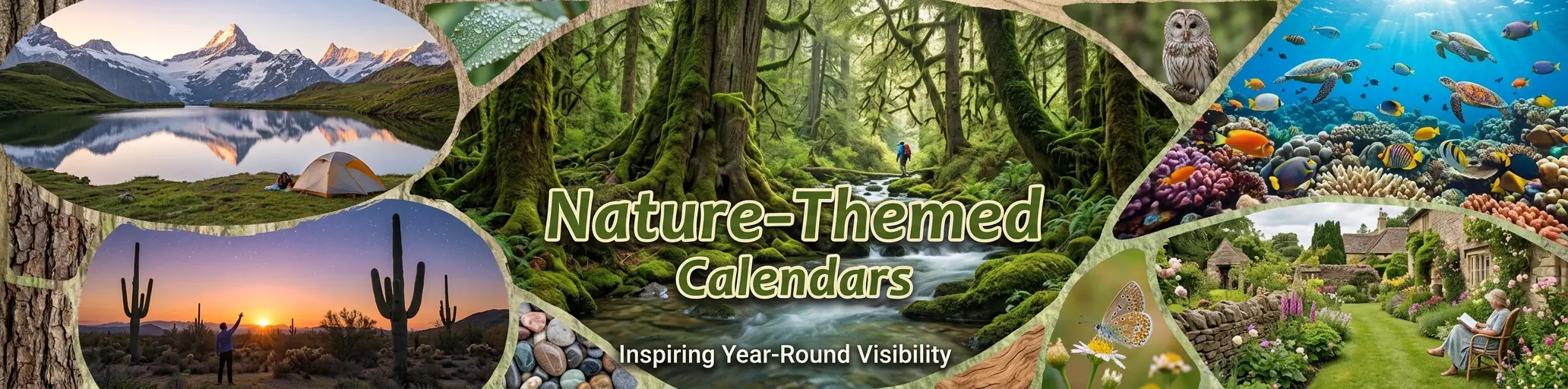 Collage of nature-themed promotional calendars featuring scenic landscapes, forests, wildlife, and peaceful outdoor vistas