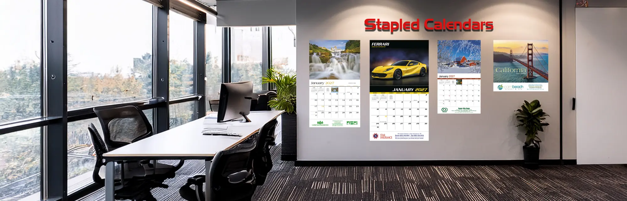 Office room with view to outside and with stapled calendars hanging on the wall