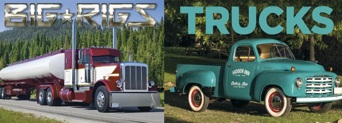 A tanker truck and a vintage pick up truck