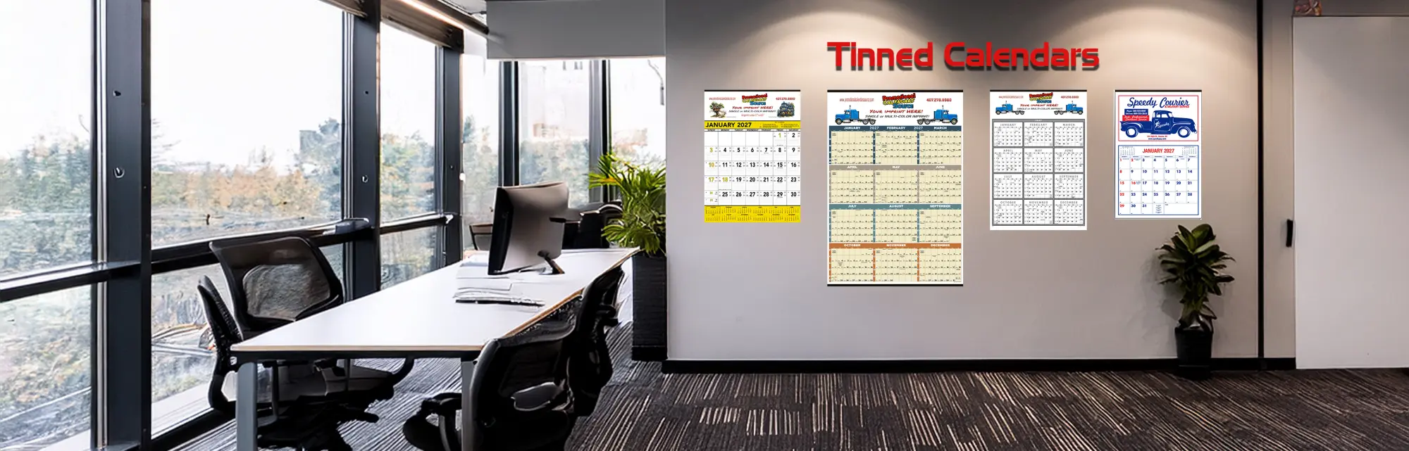 Custom tinned wall calendars featuring durable metal binding strips at the top and bottom for easy hanging and display