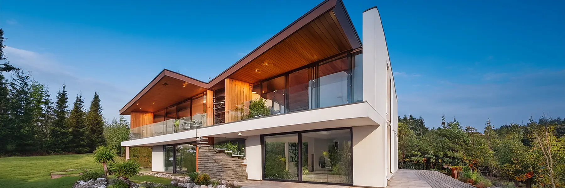 Modern home exterior on spacious property used for real estate marketing