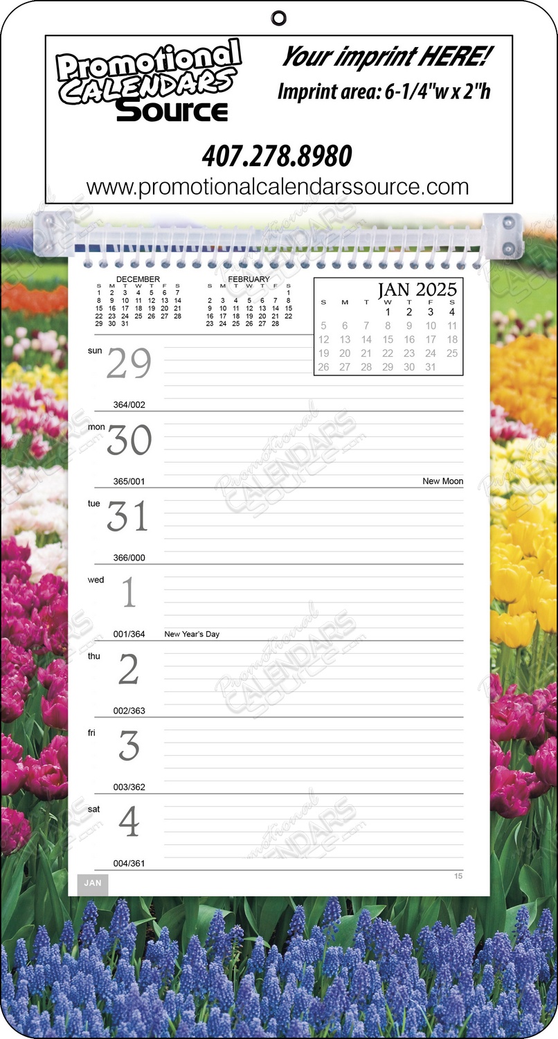 Weekly Memo Calendar with Colorful Garden Scene Background Imprint