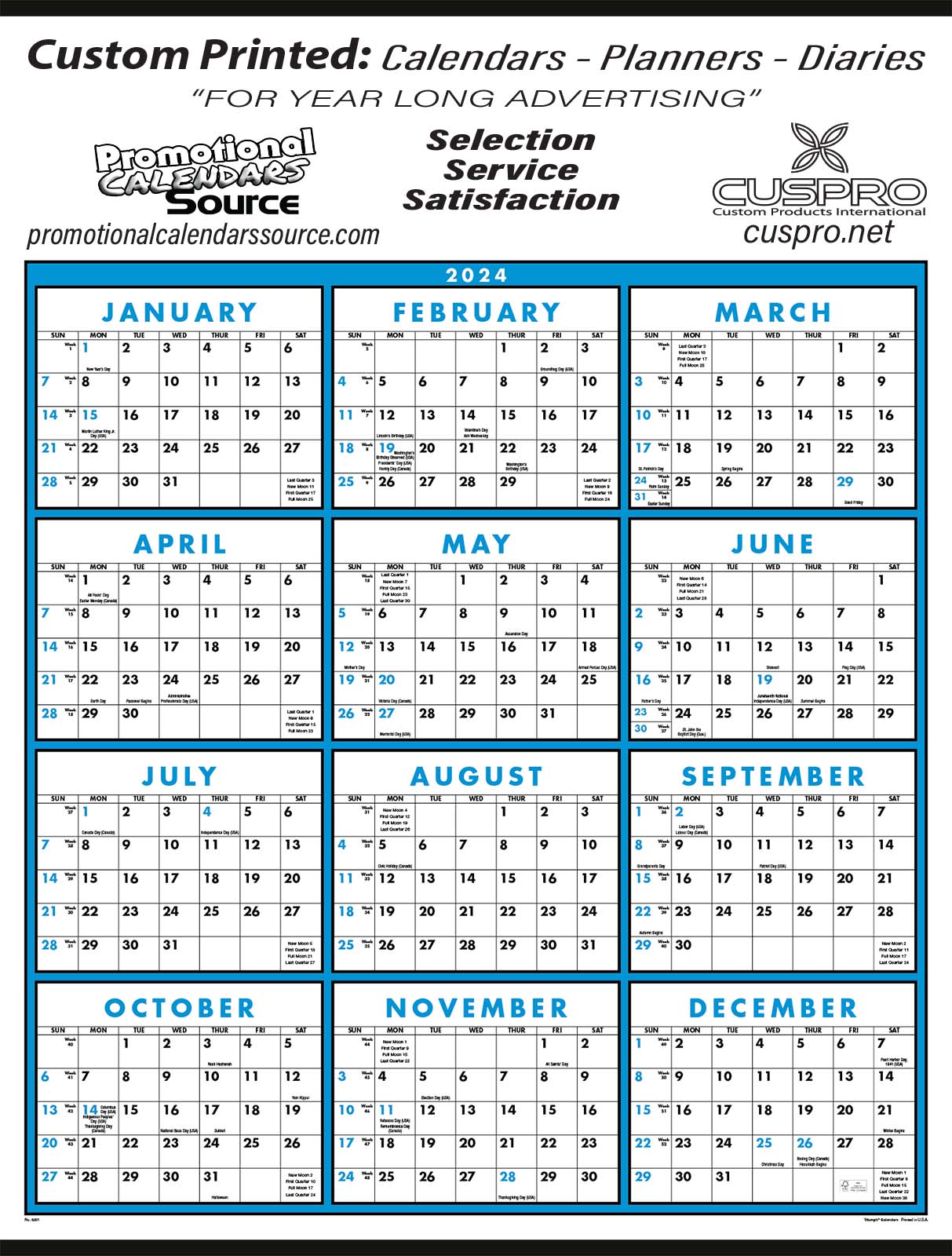 Span-A-Year Calendar with Blue & Black Grids Size 22x29 | 2024
