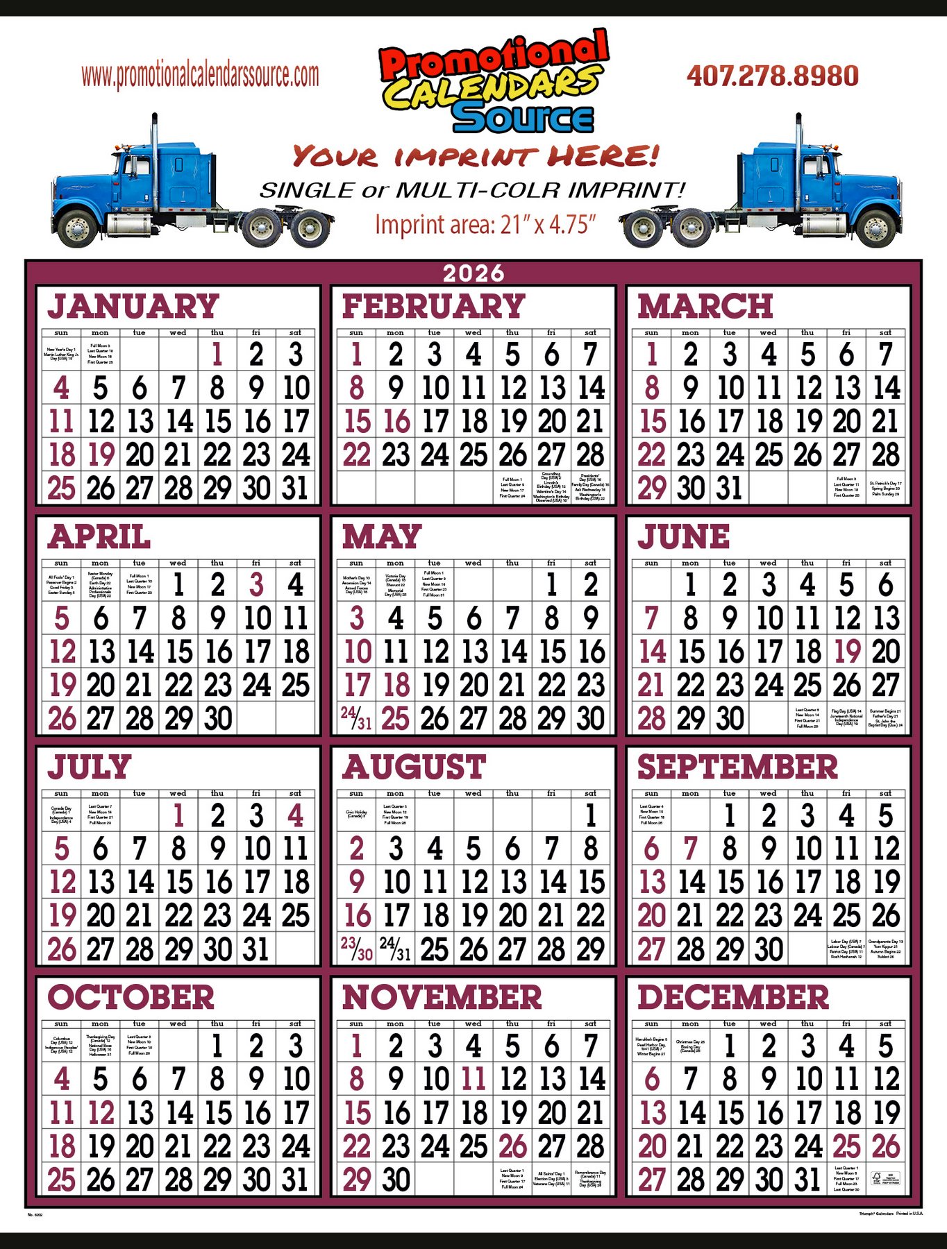 Big Numbers 12 Month View Commercial Calendar Size 22x29