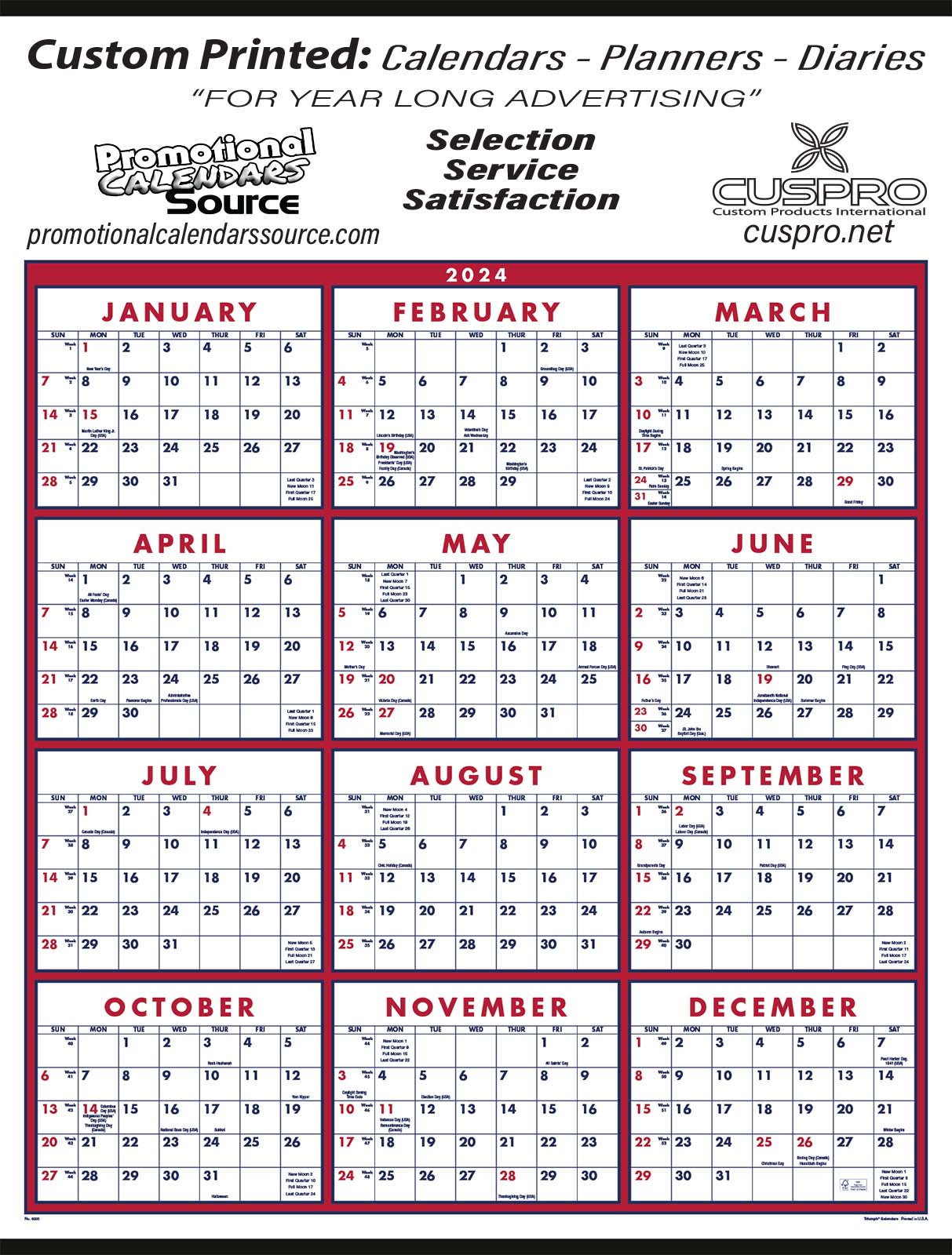 Year In View Wall Calendar w Week Numbers, Single Sheet Size 22x29, Week Numbers, Tinned