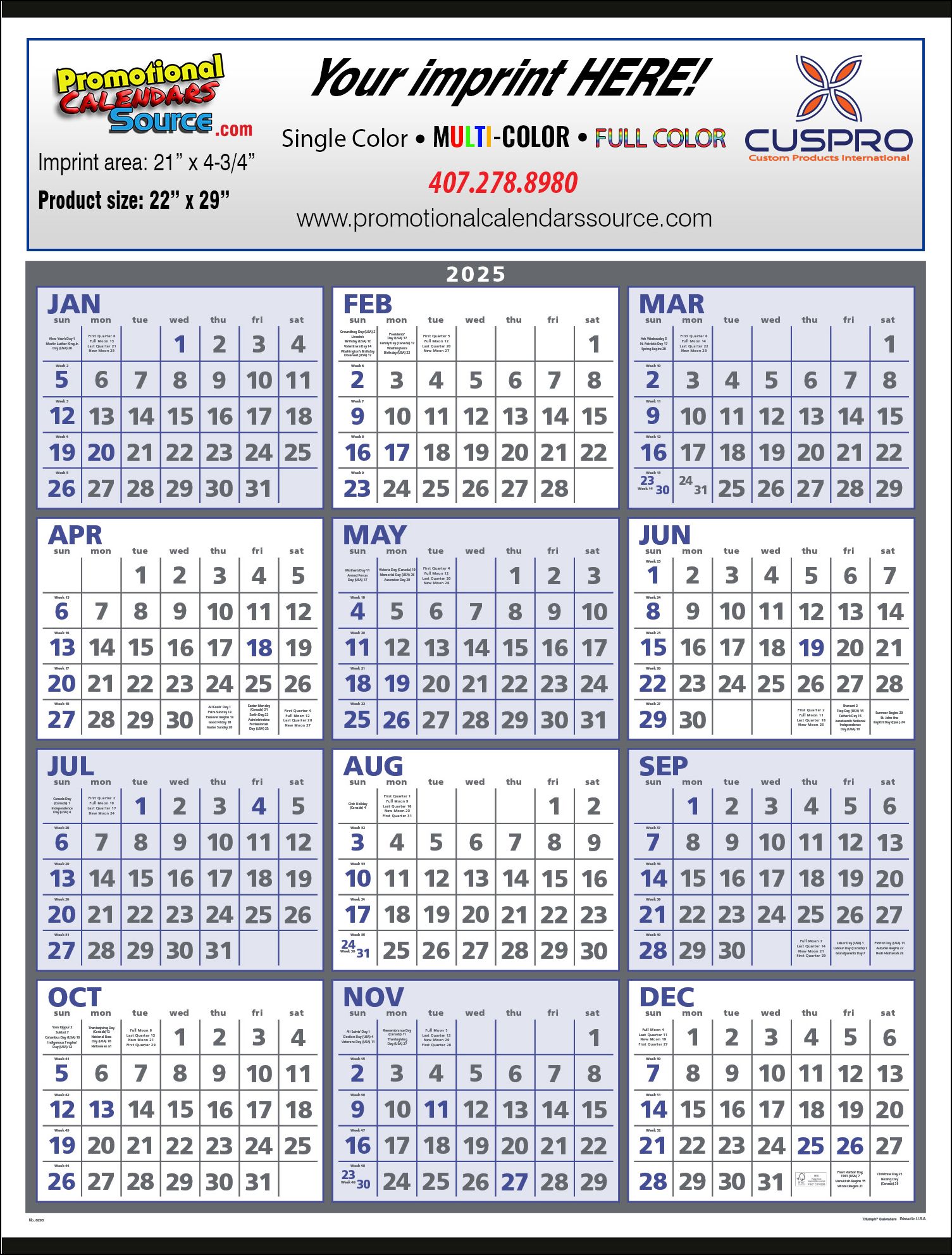 Year-At-A-Glance Wall Calendar Size 22x29 with Blue & Gray Grids