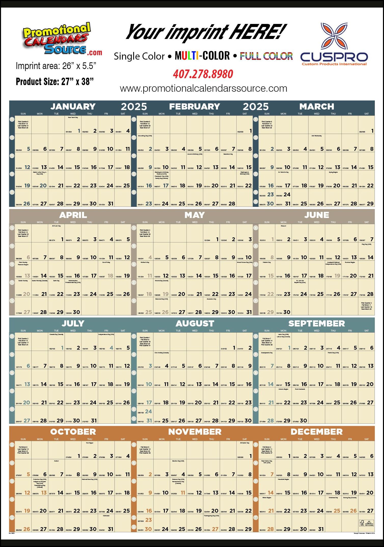 Year In View Promotional Calendar with Multi-Color Grids Size 27x38 | 2024