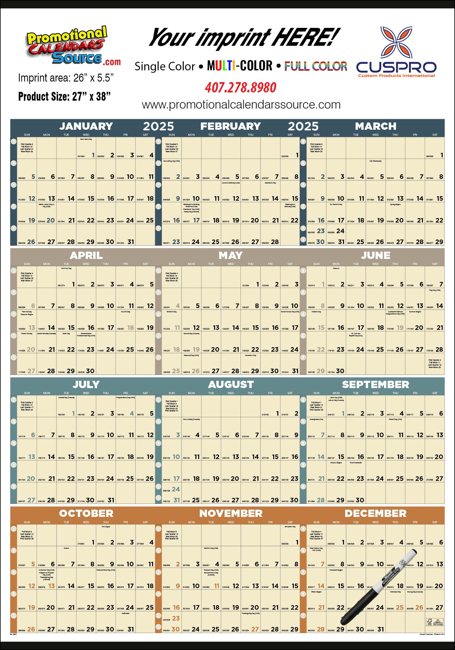 Laminated 12-Month-View Calendar, 27x38, Full Color Imprint Option | Julian Dates | Week Numbers | 2024