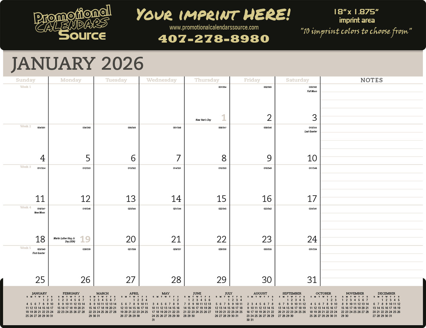 Desk Blotter Pad Calendar w Vinyl Header Top, Size 23"x17"