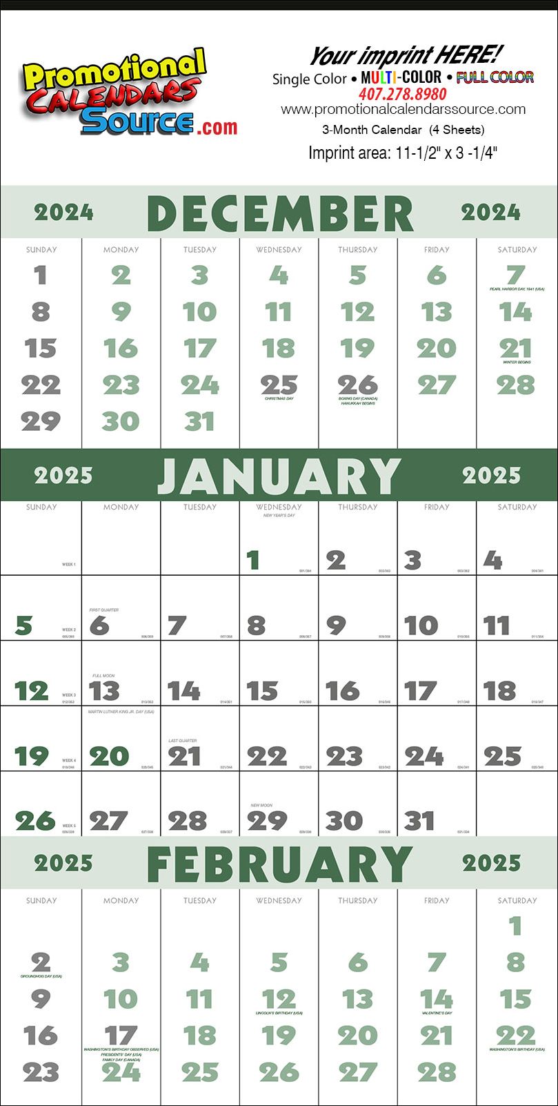 Single Panel 3-Month Wall Calendar (12 sheet) Julian Dates 13x25