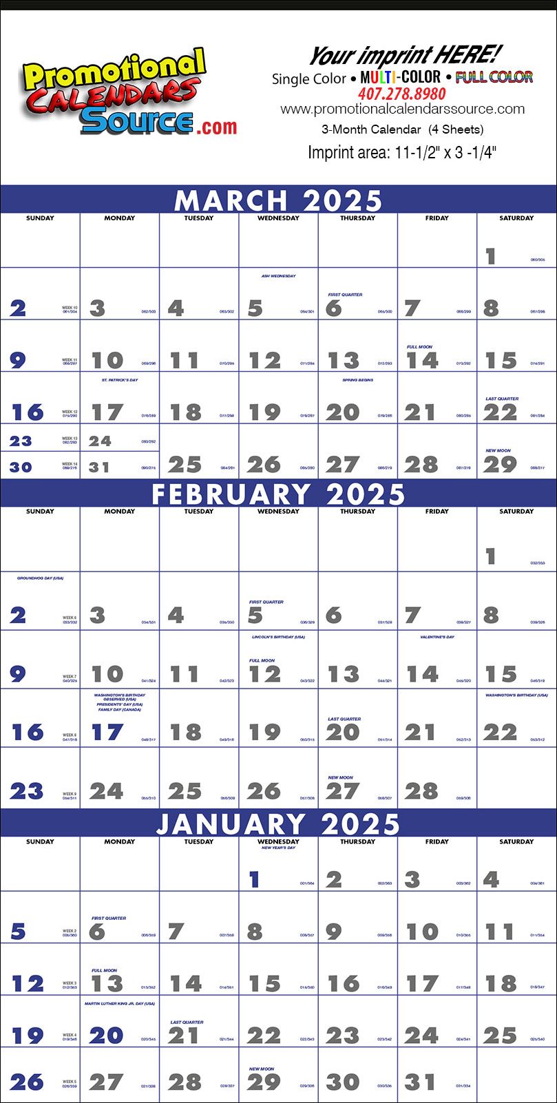 3-Month (4-Sheet) Calendar w Julian Dates 13x25