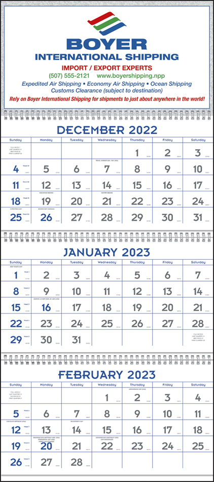 3 Month View Blue & Grey Commercial Calendar w Julian Dates 13x29