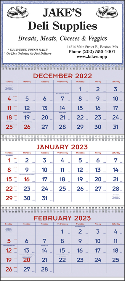 Red & Blue 3 Month Calendar w Julian Dates, 13x29