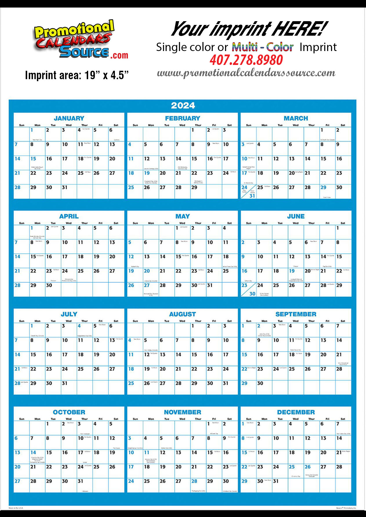 Year View Single Sheet Calendar 20.75x28.75  Blue & Black