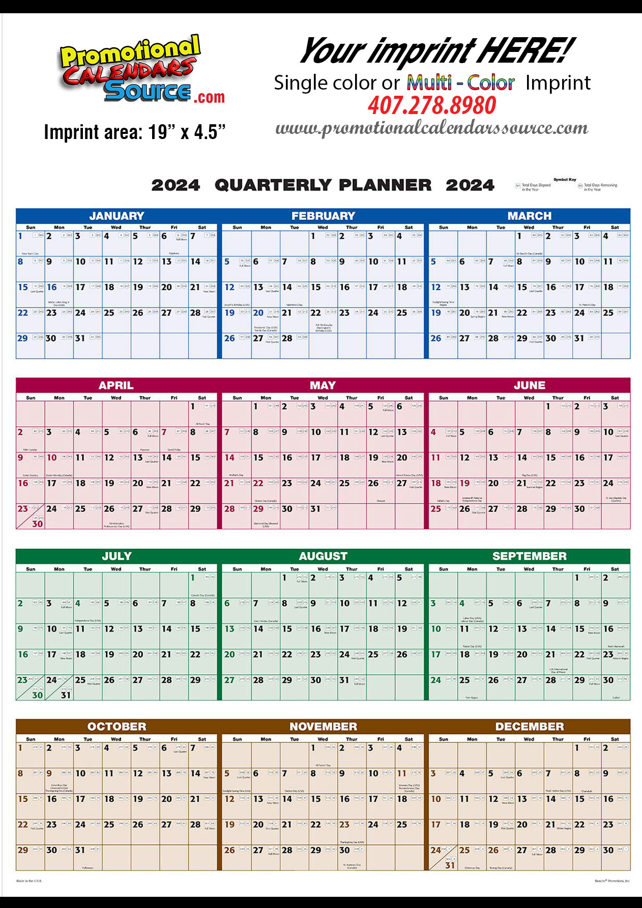 Full Year View Single Sheet 4-Color Calendar Size 20.75x28.75 - 2024