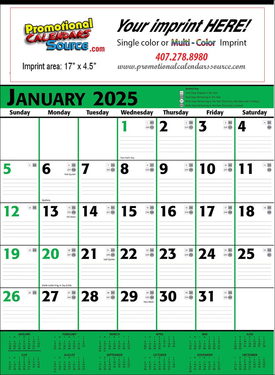 Commercial Promotional Planner Wall Calendar Green & Black Grid