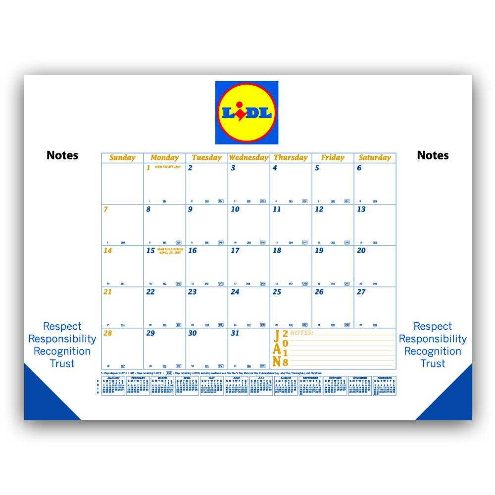 22x17 Desk Pad Calendar with Blue & Gold Grid & 3 Imprint Areas