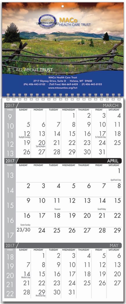 Custom 3 Months-In-View 2 panel calendar with Week Numbers, 11x25.5