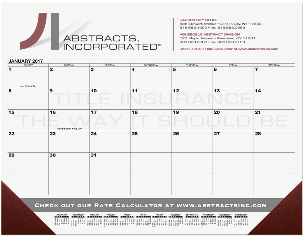Desk Pad Calendar with Clean Black Large Grid, Product size 21.75x17