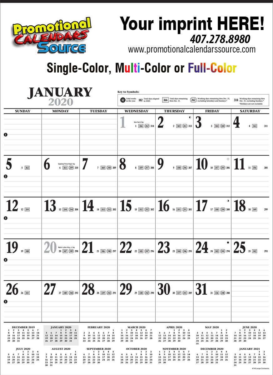 Contractor Wall Calendar w Full Color Ad Imprint, Black & White grid, Size 18