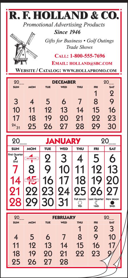 Custom 3-Month View Single Panel Calendar, 12 Sheets Tinned Top, Size 9.25x19.75