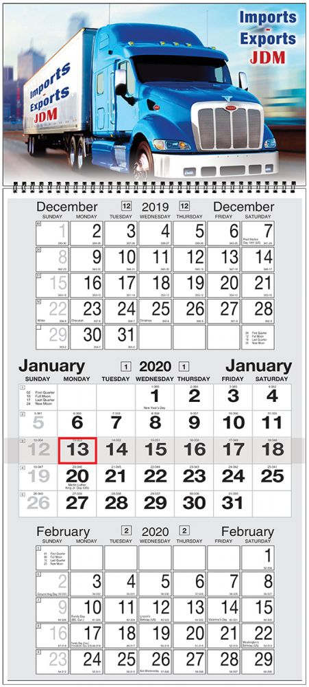 Custom 3 month 2 Panel calendar w Week Numbers & Julian Dates, 12